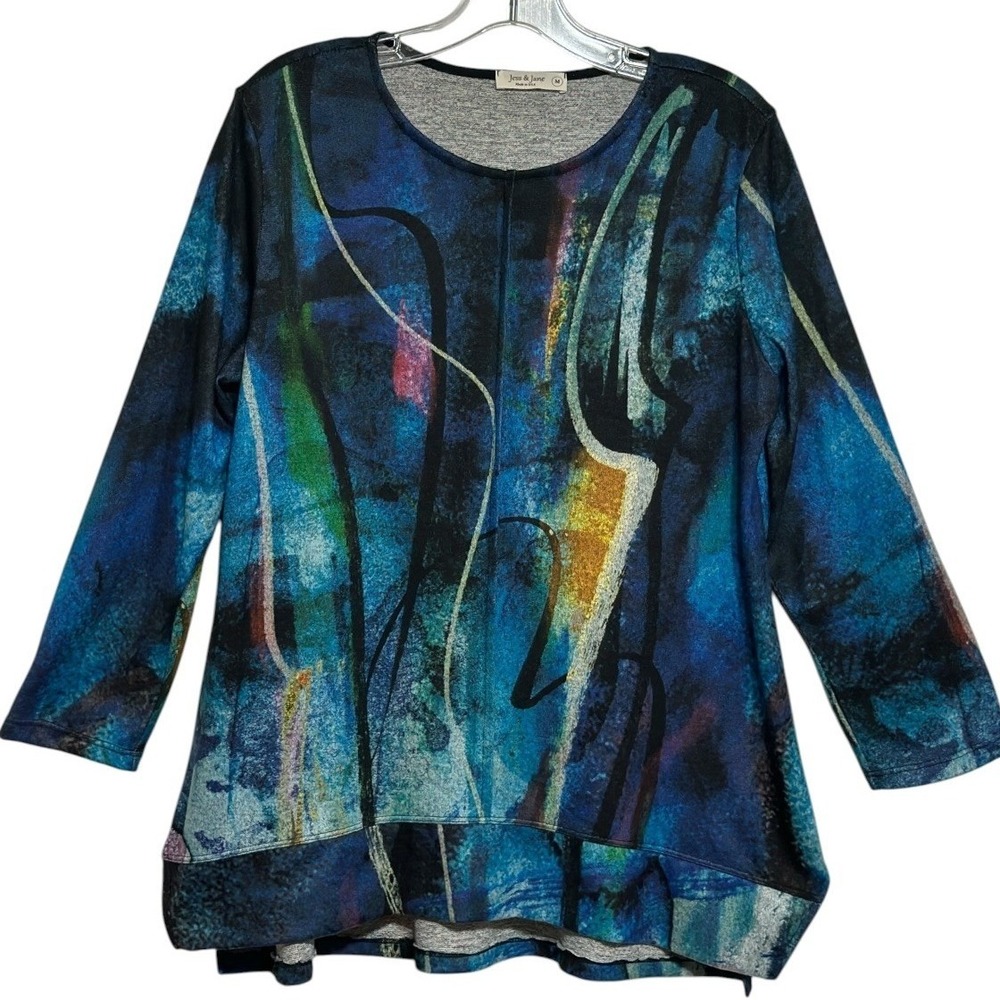 Jess & Jane Tunic Top Women Eclipse Blue Abstract Brushed Knit Fall USA Made M